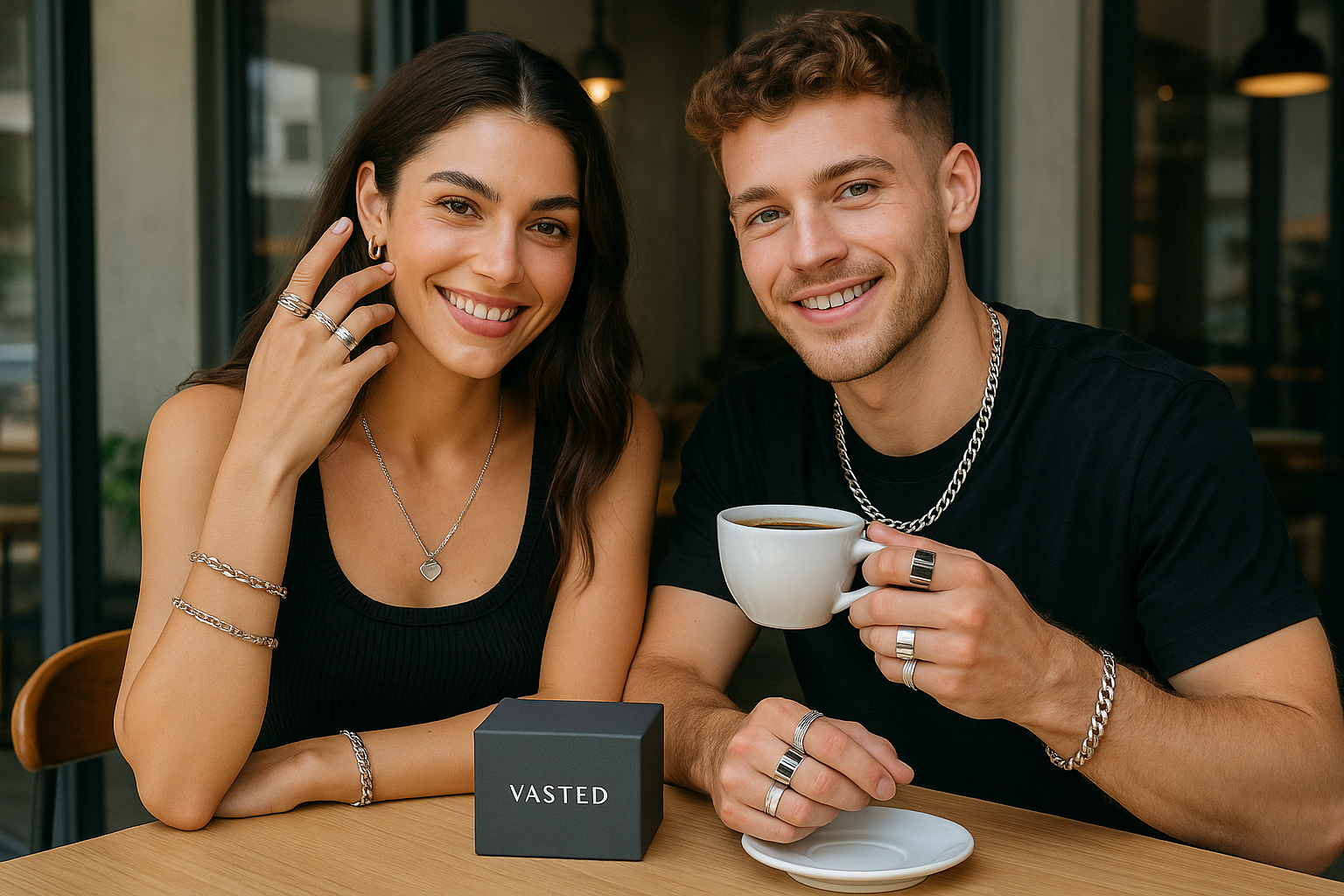 un chico y una chica mostrando su bisuteria y accesorio tomando cafe y en la mesa que aparezca una caja que diga VASTED